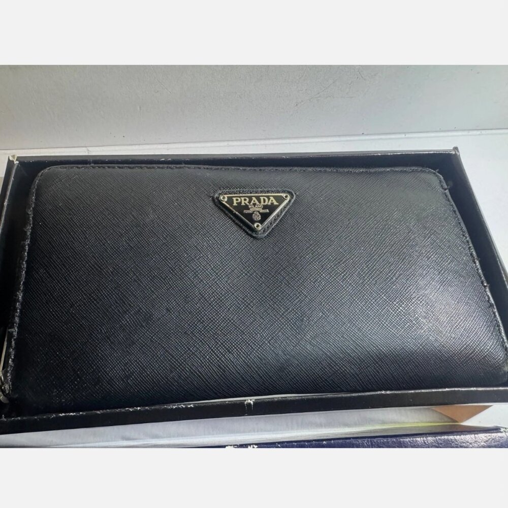 Authentic Prada Black Saffiano Leather Zip-Around Wallet